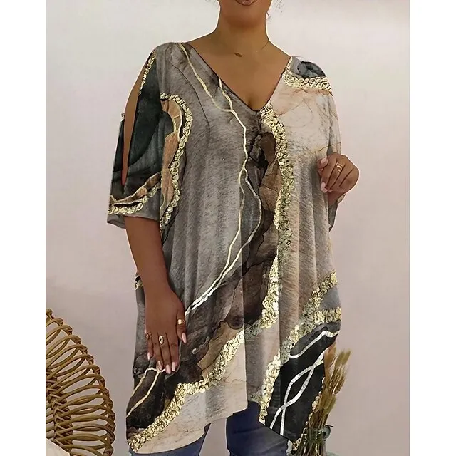 Women's Plus Size T shirt Tee Graphic Abstract Daily Weekend Pink Blue Purple Print Cut Out Short Sleeve Basic V Neck Loose Fit