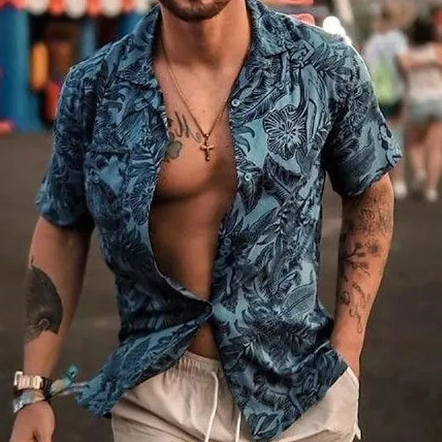 Men's Shirt Summer Hawaiian Shirt Button Up Shirt Summer Shirt Casual Shirt Blue Green Dark Grey Short Sleeve Graphic Prints Flower / Plants Camp Collar Street Daily Print Clothing Apparel Fashion