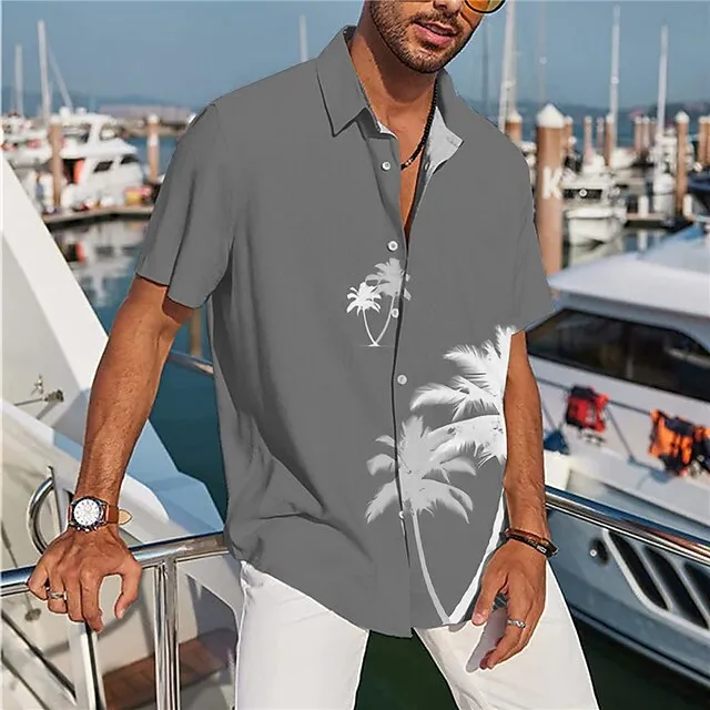 Men’s Shirt Summer Hawaiian Shirt Coconut Tree Graphic Prints Turndown Black Yellow Pink Blue Sky Blue Street Casual Short Sleeves Print Button-Down Clothing Apparel Tropical Sports Streetwear 284c76fcdf3f4d5bd868bdc3b2556b8a