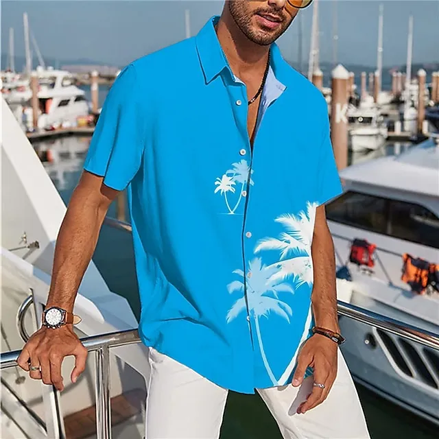 Men's Shirt Summer Hawaiian Shirt Coconut Tree Graphic Prints Turndown Black Yellow Pink Blue Sky Blue Street Casual Short Sleeves Print Button-Down Clothing Apparel Tropical Sports Streetwear