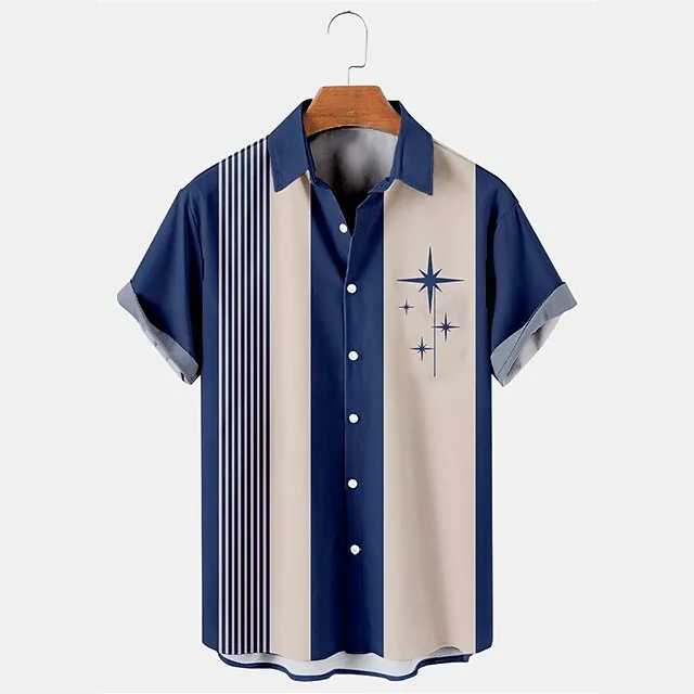 Men's Shirt Button Up Shirt Casual Shirt Summer Shirt Bowling Shirt Stripes Graphic Prints Turndown Blue Street Daily Short Sleeve Pocket Print Clothing Apparel Fashion 1950s Casual