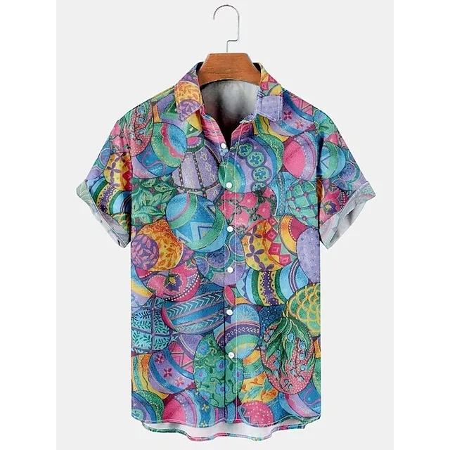 Men’s Shirt Summer Hawaiian Shirt Rabbit Egg Happy Easter Easter Turndown Black Yellow Light Green Black / Brown White / Crystal Outdoor Street Short Sleeves Button-Down Print Clothing Apparel Sports 3da11c4cc977144643b6667dacc41c72