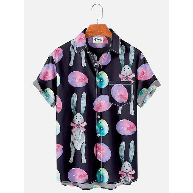 Men’s Shirt Summer Hawaiian Shirt Rabbit Egg Happy Easter Easter Turndown Black Yellow Light Green Black / Brown White / Crystal Outdoor Street Short Sleeves Button-Down Print Clothing Apparel Sports 7b67e139776019027d4818681ff4073d