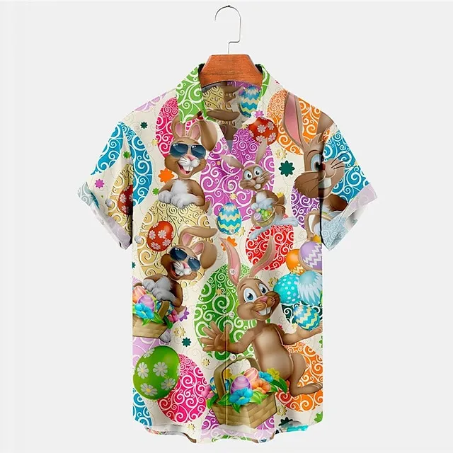 Men's Shirt Summer Hawaiian Shirt Rabbit Egg Happy Easter Easter Turndown Black Yellow Light Green Black / Brown White / Crystal Outdoor Street Short Sleeves Button-Down Print Clothing Apparel Sports