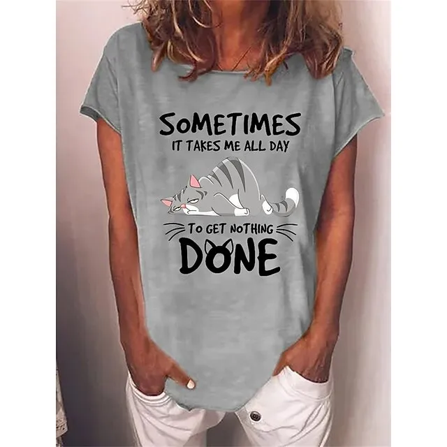 Women's T shirt Tee Cat Letter Text Daily Weekend Black Red Blue Print Short Sleeve Basic Round Neck Regular Fit