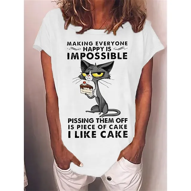 Women's T shirt Tee Cat Letter Text Daily Weekend White Red Blue Print Short Sleeve Basic Round Neck Regular Fit