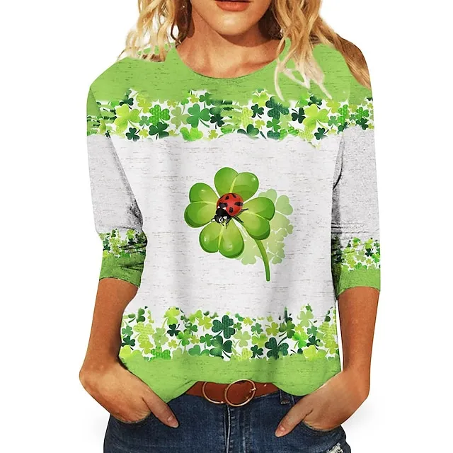 Women's T shirt Tee Grass Green White Light Green Leaf St. Patrick's Day Print Long Sleeve Holiday Weekend Round Neck Regular Floral Painting S