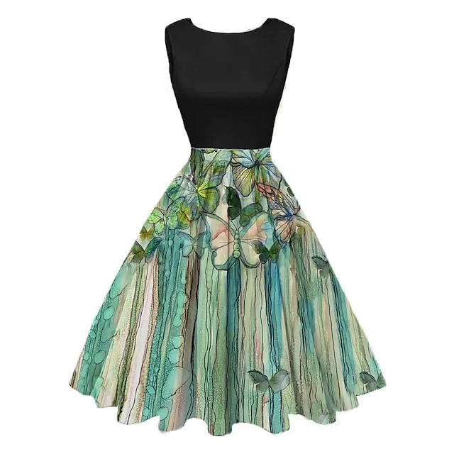 Women’s Vintage Elegant Vintage Tea Dresses Midi Dress Daily Date Ruched Patchwork Floral Crew Neck Sleeveless Slim Summer Spring 2023 Yellow Blue S M L XL b817f2efc1d049c57b07800a0aebb8c2