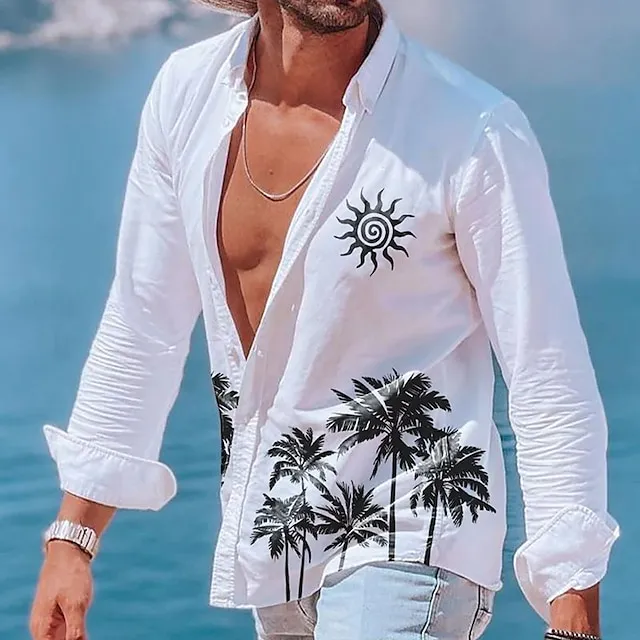 Men's Summer Shirt Beach Shirt White Blue Khaki Long Sleeve Tree Lapel Spring & Summer Hawaiian Holiday Clothing Apparel Print