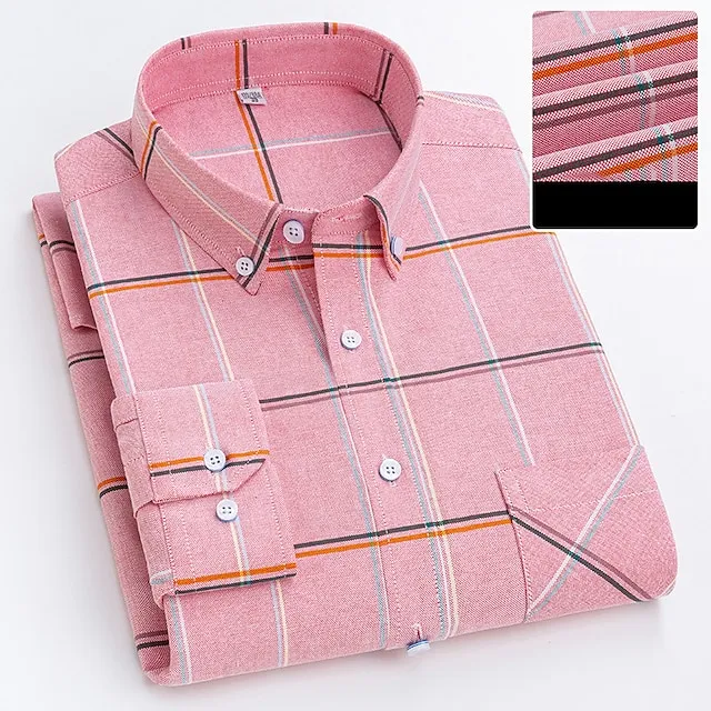 Men's Dress Shirt Light Pink Light Blue White Long Sleeve Plaid Button Down Collar Spring & Fall Wedding Office / Career Clothing Apparel Front Pocket