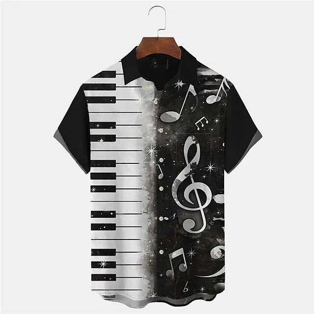 Men's Shirt Summer Hawaiian Shirt Graphic Prints Music Notes Pano Keys Turndown Black Street Casual Short Sleeves Button-Down Print Clothing Apparel Fashion Streetwear Designer Soft