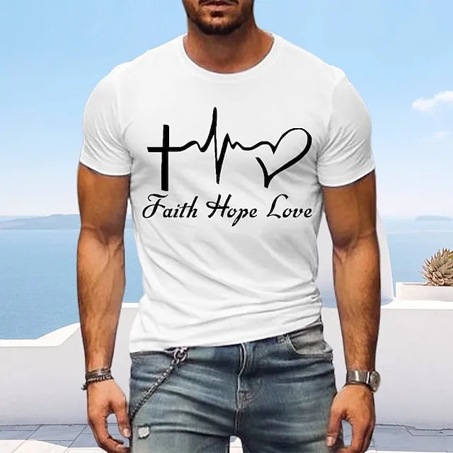 Letter Graphic Prints Faith Black White Navy Blue T shirt Tee Graphic Tee Men's Graphic Cotton Blend Shirt Basic Modern Contemporary Shirt Short Sleeves Comfortable Tee Street Vacation Summer Fashion