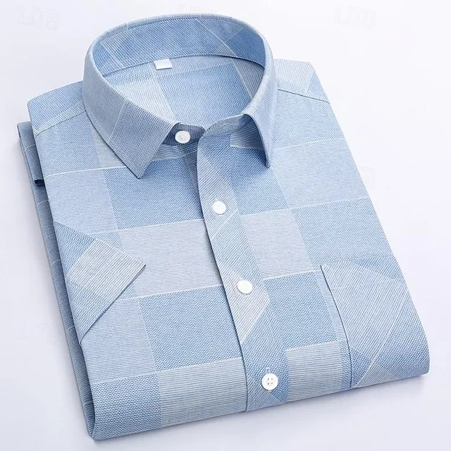 Men's Shirt Dress Shirt Light Blue Blue Dark Blue Short Sleeve Striped Turndown Spring & Fall Wedding Office & Career Clothing Apparel Print
