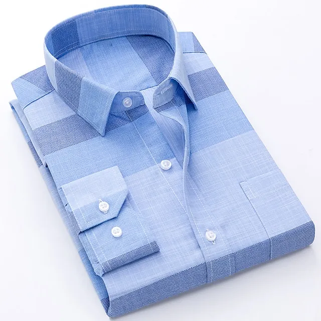 Men’s Shirt Dress Shirt Light Blue Blue Sky Blue Long Sleeve Plaid Turndown Spring & Fall Wedding Office & Career Clothing Apparel Print 844547801401839f001b86a05a67e296
