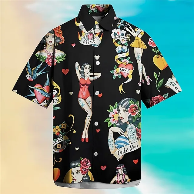 Men's Shirt Summer Hawaiian Shirt Graphic Prints Hula Girls Turndown Apricot Black Outdoor Street Short Sleeves Print Clothing Apparel Fashion Streetwear Designer Soft