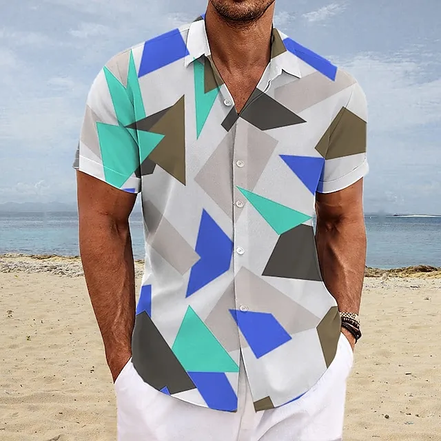 Hawaii Geometric Pattern Beach Shirt Mens Graphic Summer Hawaiian Gradient Prints Turndown Red Blue Dark Green Light Outdoor Street Short Sleeves Clothing Apparel Casual White Cotton