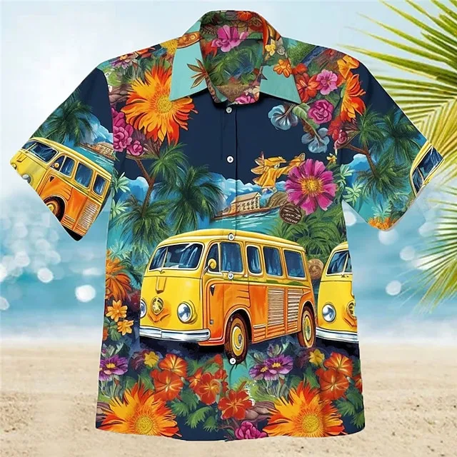 Men's Shirt Summer Hawaiian Shirt Floral Graphic Prints Hippie Bus Turndown Yellow Navy Blue Blue Light Blue Outdoor Street Short Sleeves Print Clothing Apparel Fashion Streetwear Designer Casual