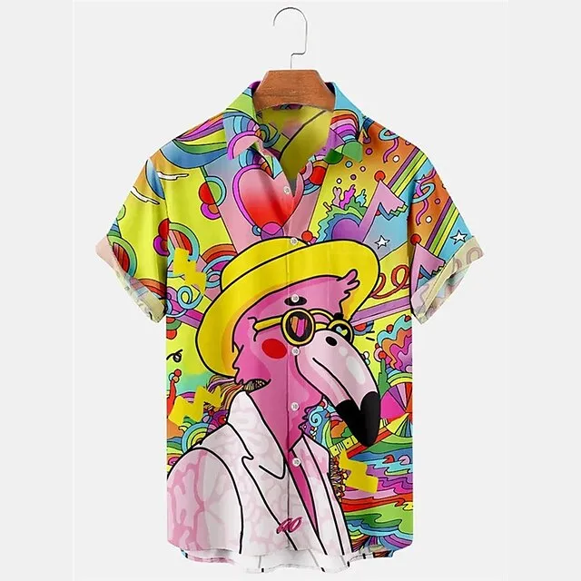 Christmas Mens Graphic Shirt Summer Hawaiian Prints Hippie Parrot Turndown Yellow Blue Purple Outdoor Street Short Sleeves Clothing Apparel Fashion Colorful Festival Cotton 021eb9086577a6512ac022f774d1da1e