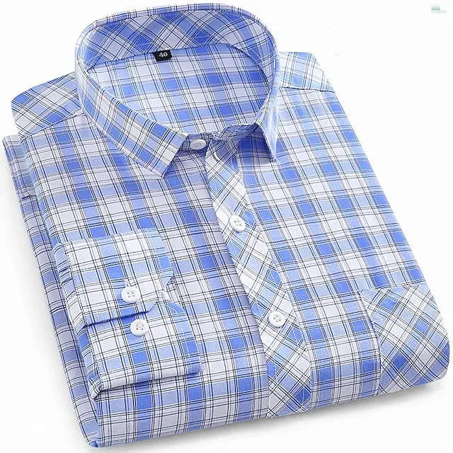 Men’s Dress Shirt Light Blue Dark Navy Navy Blue Long Sleeve Stripes and Plaid Turndown All Seasons Wedding Office & Career Clothing Apparel 430d0c6d29788ffa48130a341a640d2c