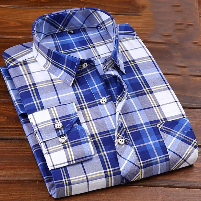 Men’s Dress Shirt Light Blue Dark Navy Navy Blue Long Sleeve Stripes and Plaid Turndown All Seasons Wedding Office & Career Clothing Apparel 7fb7cc8a05622b94f072495b5094e2ee