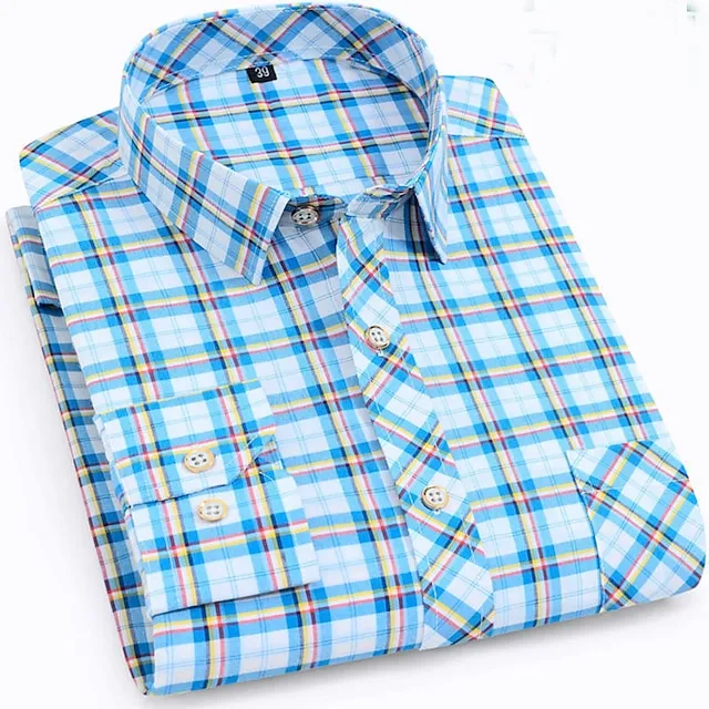 Men’s Dress Shirt Light Blue Dark Navy Navy Blue Long Sleeve Stripes and Plaid Turndown All Seasons Wedding Office & Career Clothing Apparel e634729ed72207c0f69f2aa29258981c