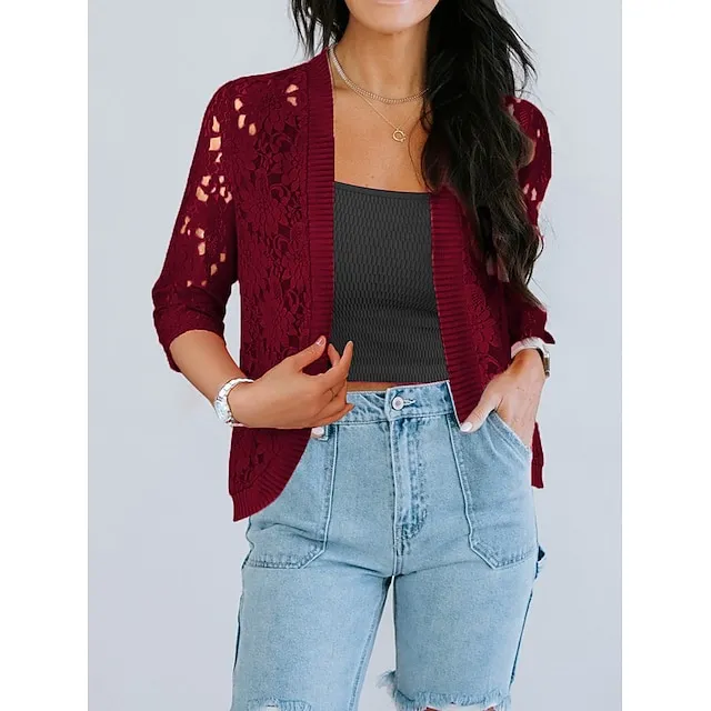 Women's Cardigan Sweater Open Front Crochet Knit Cotton Lace Trims Hole Summer Spring Daily Going out Weekend Stylish Casual Soft 3/4 Length Sleeve Solid Color Black White Pink XL 2XL 3XL