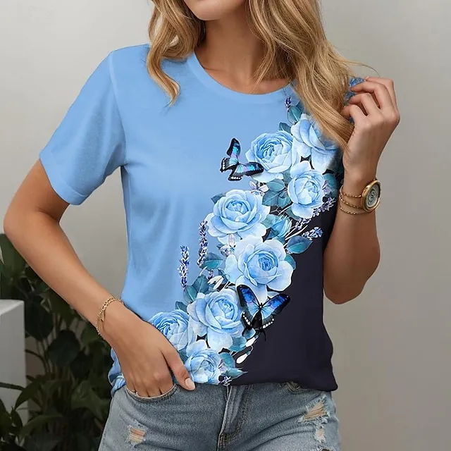 Women's T shirt Tee Floral Holiday Weekend Custom Print Yellow Blue Print Short Sleeve Basic Round Neck Regular Fit