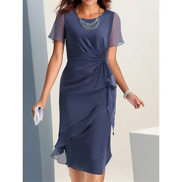 Women's Party Dress Cocktail Dress Wedding Guest Dress Midi Dress Blue Short Sleeve Pure Color Ruffle Summer Spring Fall Crew Neck Fashion Office Wedding Guest Vacation S M L XL 2XL 3XL