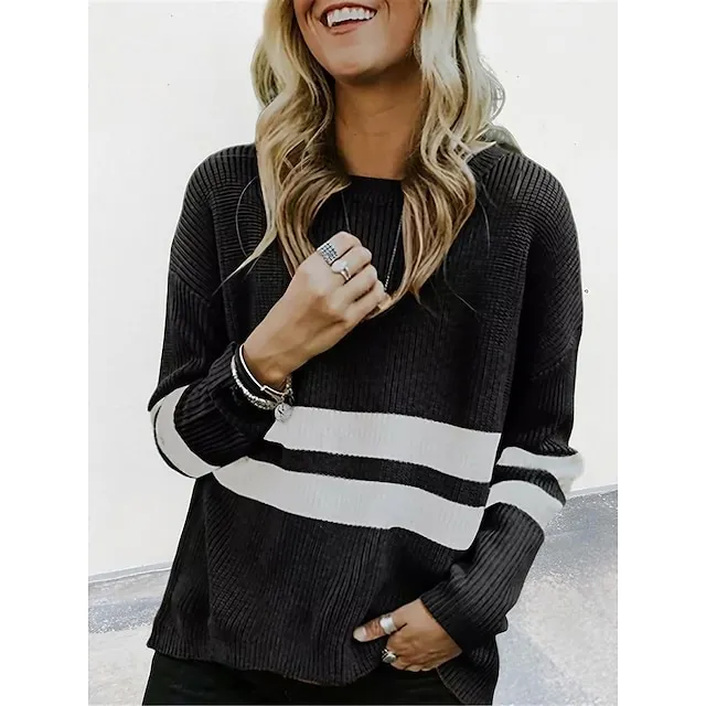 Women's Pullover Sweater Jumper Crew Neck Ribbed Knit Acrylic Patchwork Summer Spring Daily Going out Weekend Stylish Casual Soft Long Sleeve Striped Black White Pink S M L