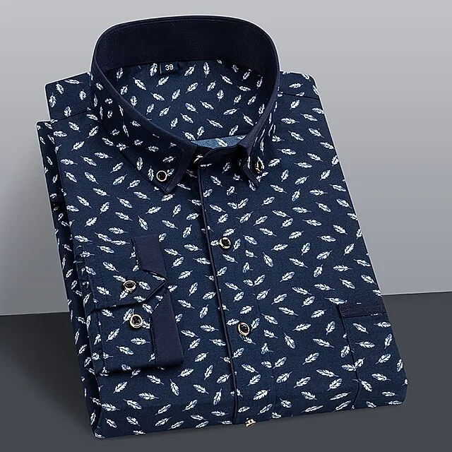 Men’s Shirt Dress Shirt Button Up Shirt White Royal Blue Blue Long Sleeve Print Lapel Spring & Fall Office & Career Going out Clothing Apparel Basic 19779735a1dd182c615e45c51816c337