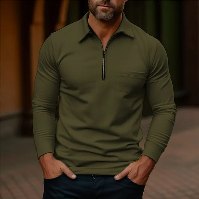 Men’s Polo Shirt Quarter Zip Polo Work Daily Wear Lapel Long Sleeve Fashion Comfortable Plain Pocket Zip Up Summer Spring Regular Fit Yellow Navy Blue Dark Grey Army Green Polo Shirt 1ddd6b926cbd0f8e38bc874d25fa53ec