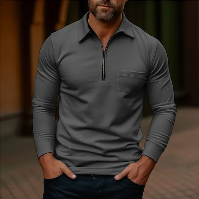 Men’s Polo Shirt Quarter Zip Polo Work Daily Wear Lapel Long Sleeve Fashion Comfortable Plain Pocket Zip Up Summer Spring Regular Fit Yellow Navy Blue Dark Grey Army Green Polo Shirt 51fade0704d5c805c705d0fd5ab0a8b9