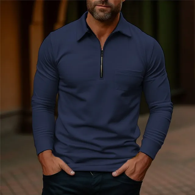 Men’s Polo Shirt Quarter Zip Polo Work Daily Wear Lapel Long Sleeve Fashion Comfortable Plain Pocket Zip Up Summer Spring Regular Fit Yellow Navy Blue Dark Grey Army Green Polo Shirt c2ddb16970d66c486672b3b550c16c3b