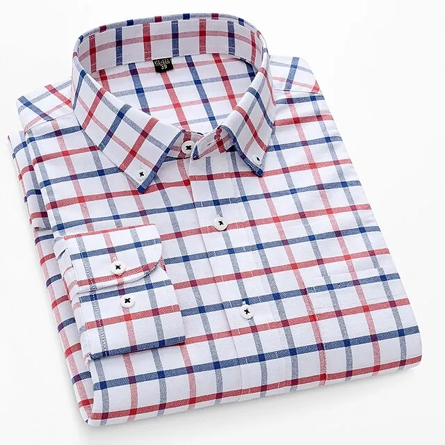 Men's Dress Shirt Light Pink Light Blue Red Long Sleeve Plaid / Striped / Chevron / Round Shirt Collar All Seasons Office & Career Daily Wear Clothing Apparel Print