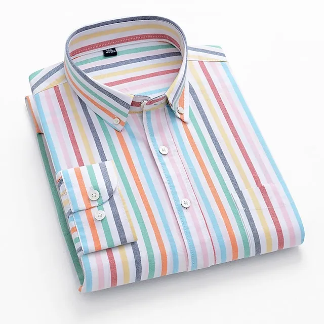 Men's Dress Shirt Light Green Royal Blue Green Long Sleeve Stripe Shirt Collar Spring, Fall, Winter, Summer Office & Career Daily Wear Clothing Apparel Print