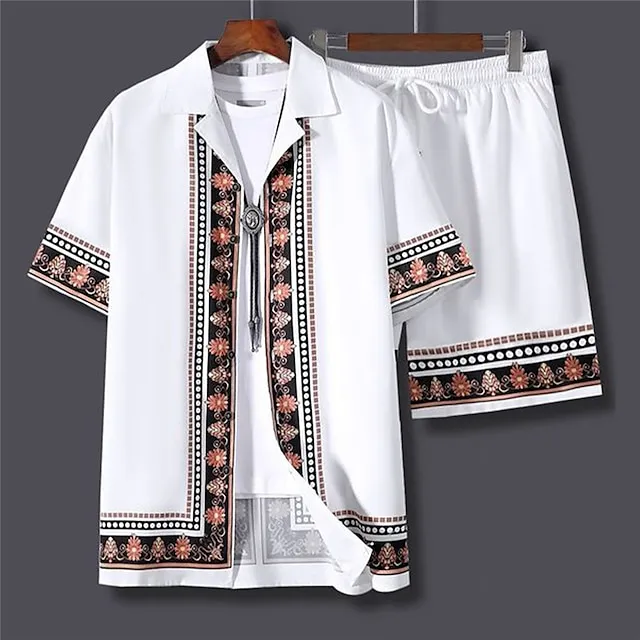 Men's Shirt Shirt Set Summer Hawaiian Shirt Floral Graphic Prints Totem Cuban Collar White Outdoor Street Short Sleeves Print Clothing Apparel Fashion Streetwear Designer Soft