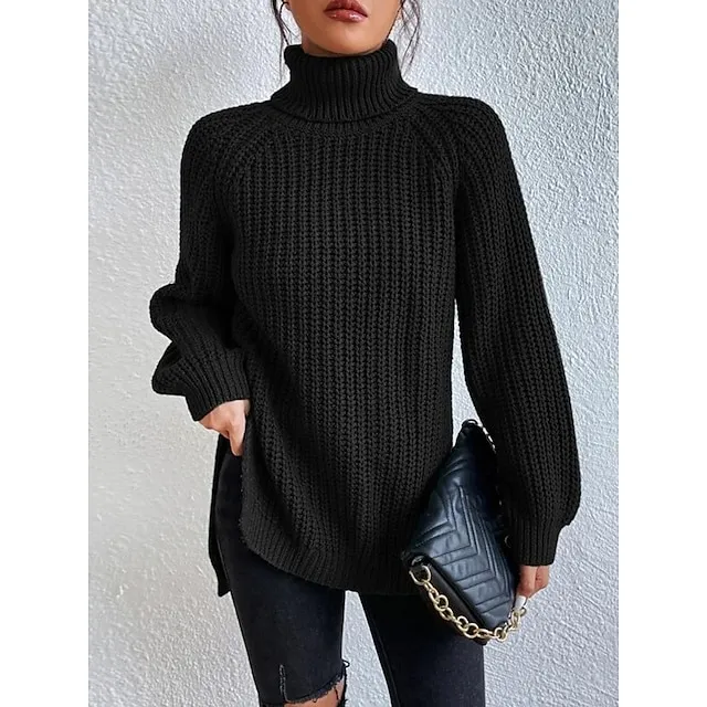 Women’s Pullover Sweater Jumper Turtleneck Ribbed Knit Nylon Oversized Summer Spring Daily Going out Weekend Stylish Casual Soft Long Sleeve Solid Color Black White Light Green S M L 08efc08cc1937af5e5590e53a95ba4dd