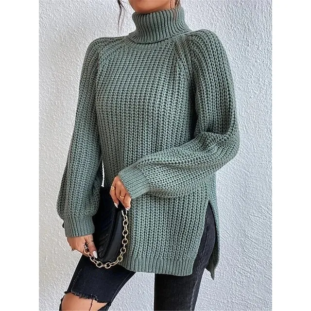 Women’s Pullover Sweater Jumper Turtleneck Ribbed Knit Nylon Oversized Summer Spring Daily Going out Weekend Stylish Casual Soft Long Sleeve Solid Color Black White Light Green S M L 25d235760eb049b3005a4ed5cf6673f8
