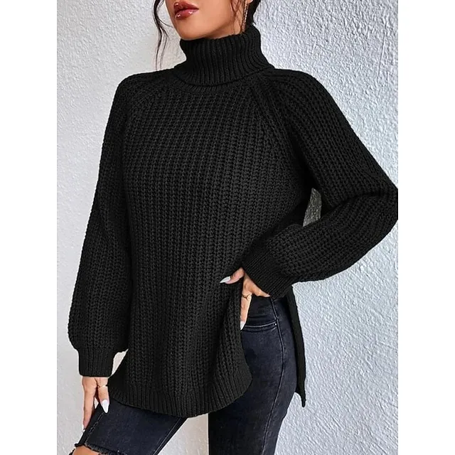 Women’s Pullover Sweater Jumper Turtleneck Ribbed Knit Nylon Oversized Summer Spring Daily Going out Weekend Stylish Casual Soft Long Sleeve Solid Color Black White Light Green S M L 3a07d45650dd1d6db19ba1704b42a3f2