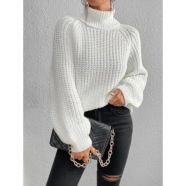 Women’s Pullover Sweater Jumper Turtleneck Ribbed Knit Nylon Oversized Summer Spring Daily Going out Weekend Stylish Casual Soft Long Sleeve Solid Color Black White Light Green S M L 70a7da4959d219af18ba35a7718a8405