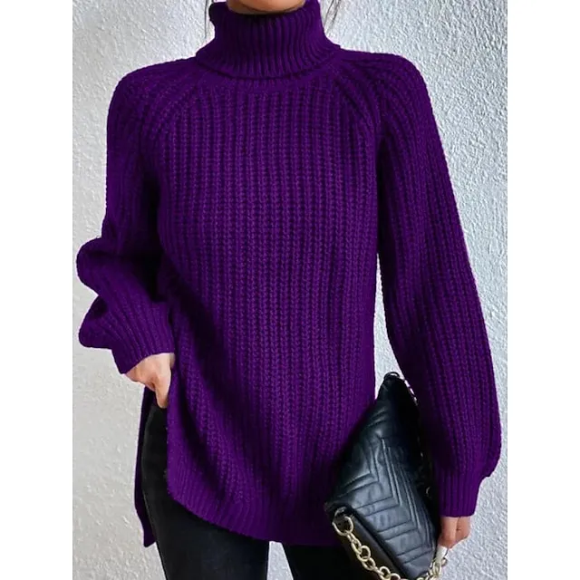 Women’s Pullover Sweater Jumper Turtleneck Ribbed Knit Nylon Oversized Summer Spring Daily Going out Weekend Stylish Casual Soft Long Sleeve Solid Color Black White Light Green S M L 7152ba2dd305c374e4bad9cc60df25c8
