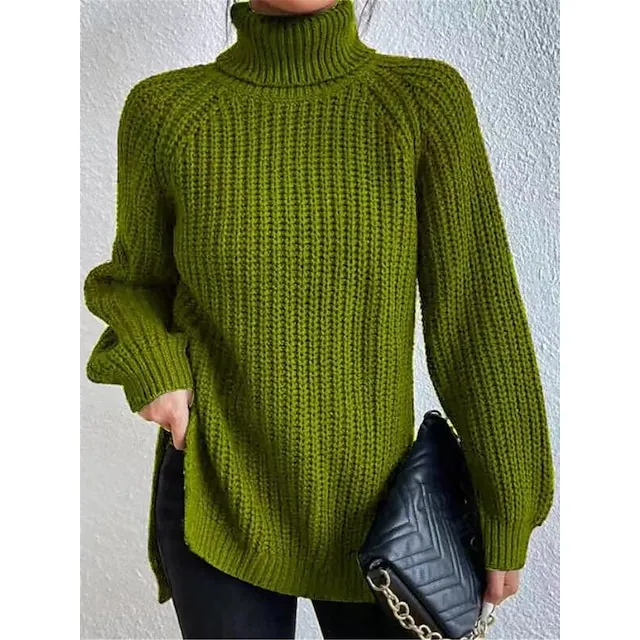 Women’s Pullover Sweater Jumper Turtleneck Ribbed Knit Nylon Oversized Summer Spring Daily Going out Weekend Stylish Casual Soft Long Sleeve Solid Color Black White Light Green S M L 8993651e89df463d063b5ac3805c36f3