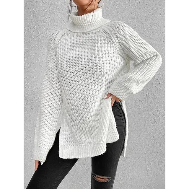 Women’s Pullover Sweater Jumper Turtleneck Ribbed Knit Nylon Oversized Summer Spring Daily Going out Weekend Stylish Casual Soft Long Sleeve Solid Color Black White Light Green S M L a3f0d103215fc8466b2036d59eb4926b