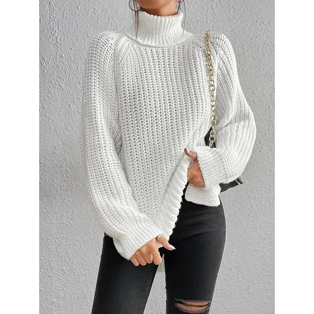Women’s Pullover Sweater Jumper Turtleneck Ribbed Knit Nylon Oversized Summer Spring Daily Going out Weekend Stylish Casual Soft Long Sleeve Solid Color Black White Light Green S M L d18d1bf896b5ed431b52aee2653c53af