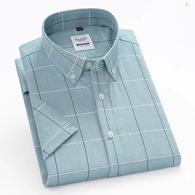 Men's Dress Shirt Button Down Shirt Oxford Shirt White Navy Blue Blue Short Sleeve Plaid / Striped / Chevron / Round Shirt Collar All Seasons Office & Career Daily Wear Clothing Apparel