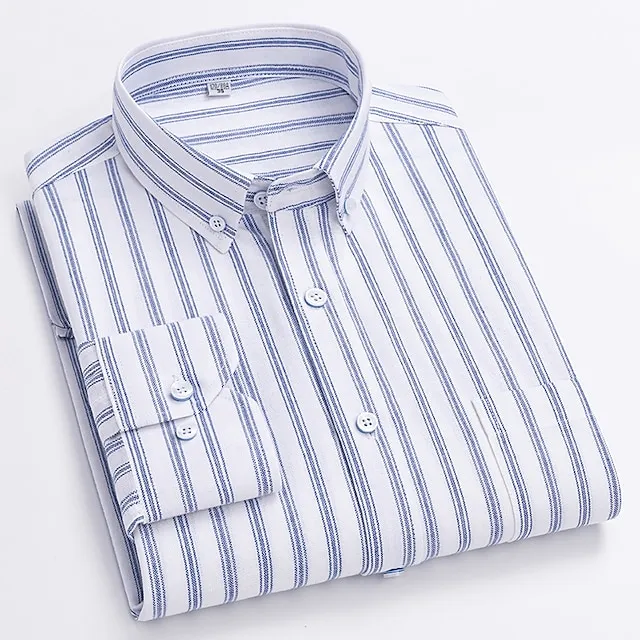 Men's Light Blue White Dark Navy Long Sleeve Plaid / Striped / Chevron / Round Shirt Collar All Seasons Office & Career Daily Wear Clothing Apparel Print