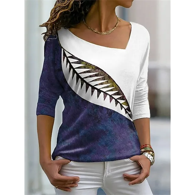 Women's T shirt Tee Leaf Color Block Daily Weekend Navy Blue Print Short Sleeve Basic V Neck Regular Fit