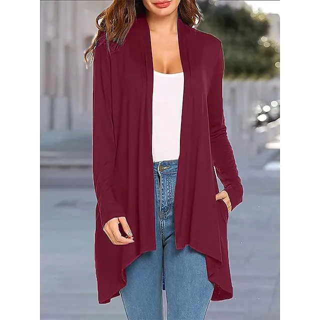 Women's Cardigan Sweater Open Front Ribbed Knit Knit Pocket Summer Fall Outdoor Daily Weekend Stylish Casual Soft Long Sleeve Solid Color Black White Wine S M L