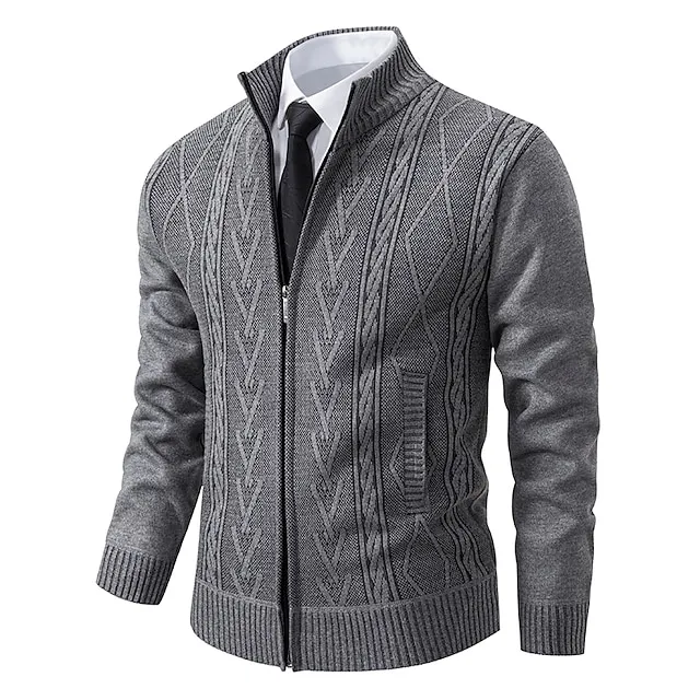 Men’s Sweater Cardigan Sweater Ribbed Knit Regular Knitted Stand Collar Warm Ups Modern Contemporary Back to School Daily Wear Clothing Apparel Fall & Winter Light Grey Dark Grey S M L 0cdd0da68f7be72e25ceb2e6cf63401a