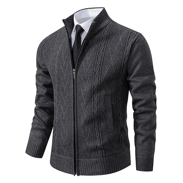 Men’s Sweater Cardigan Sweater Ribbed Knit Regular Knitted Stand Collar Warm Ups Modern Contemporary Back to School Daily Wear Clothing Apparel Fall & Winter Light Grey Dark Grey S M L 48545d6c734e87cf49e3e7ce0acc4088